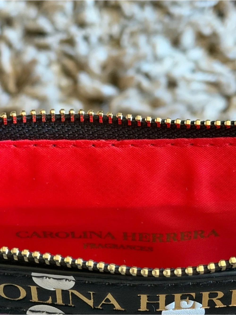 Carolina Herrera Red Floral Cosmetic Pouch with Purple Blooms